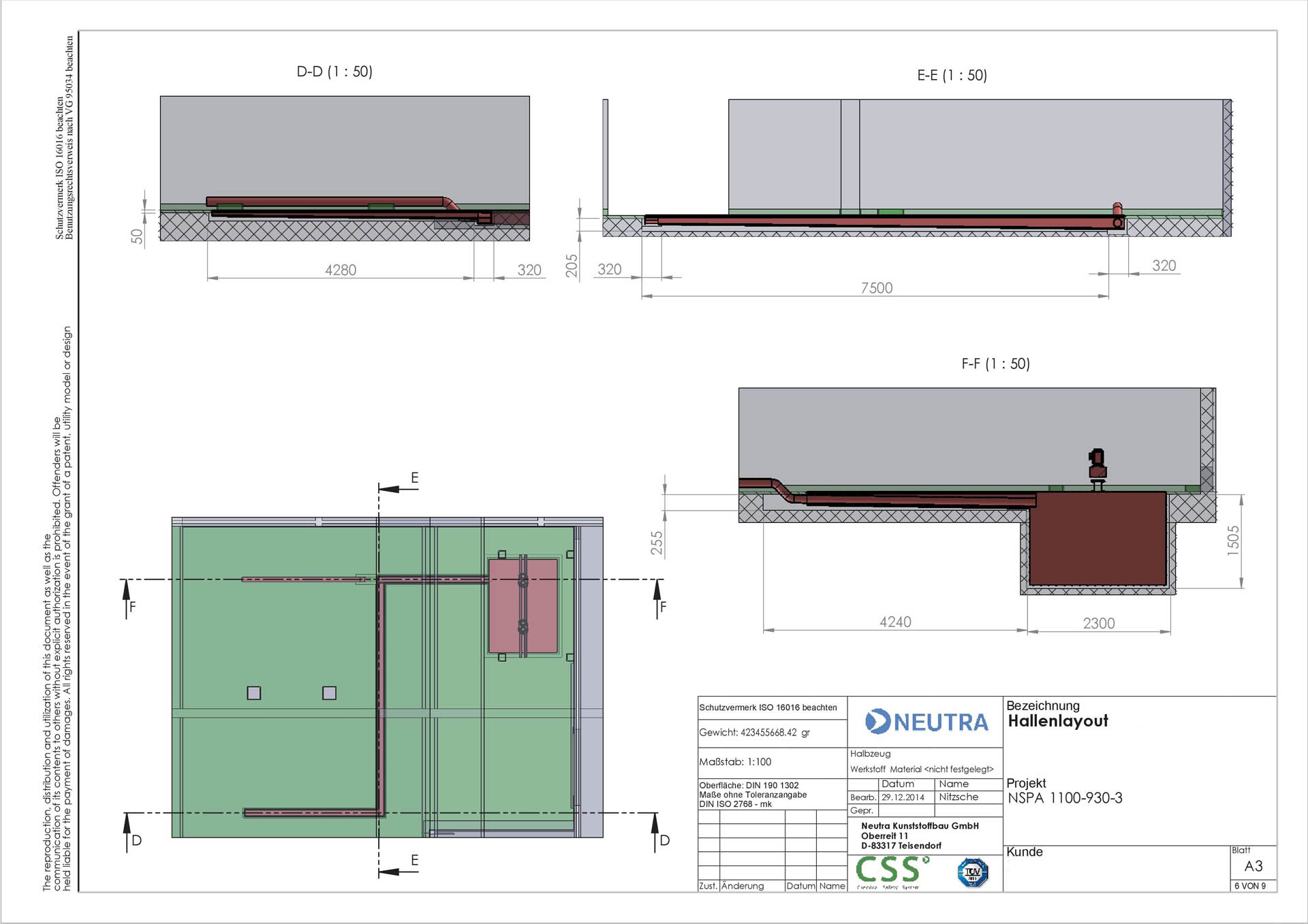 Construction plan of a thermoplastic system for glass finishing technology